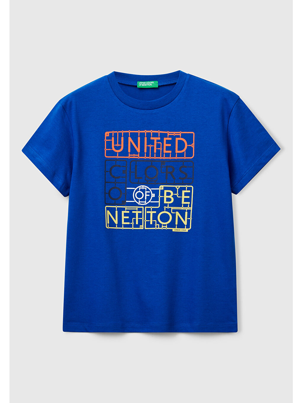 Erkek Çocuk Saks Mavisi Önü Logo Baskılı Bisiklet Yaka T-shirt