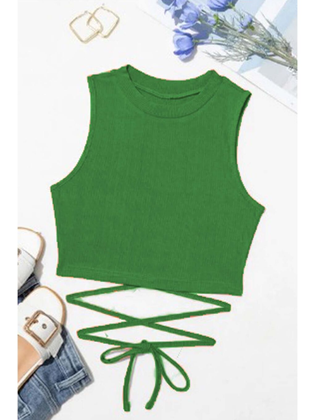 Kız Çocuk Sıfır Kol İp Bağlama Detaylı Yeşil Crop