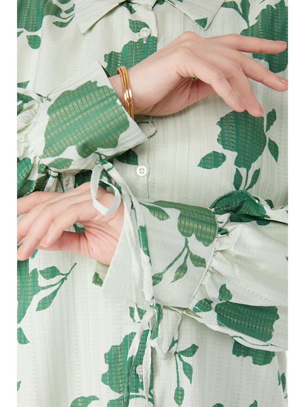 Gömlek Yaka Kadın Yeşil Desenli Gömlek - 24971-4