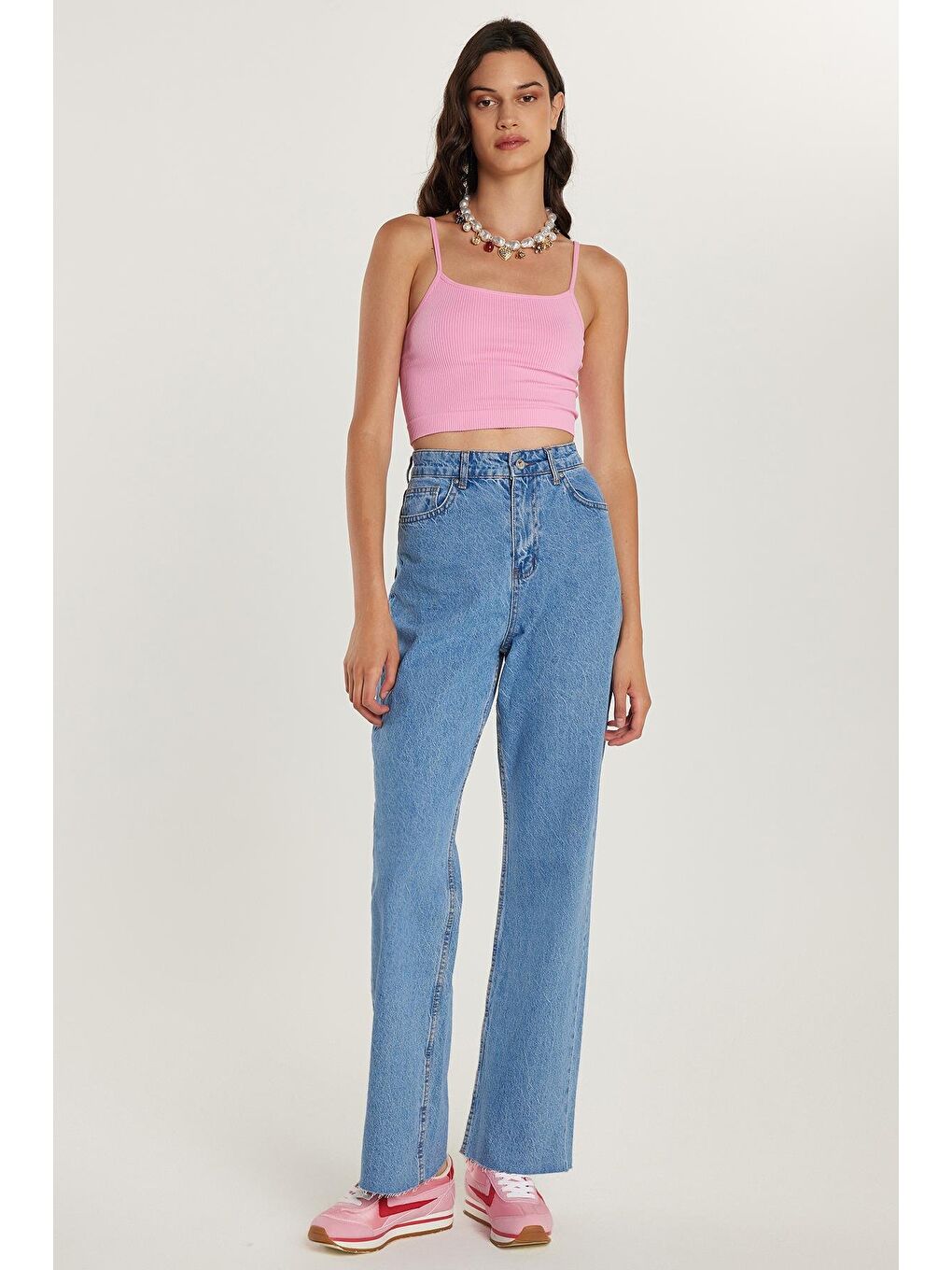 Kadın Regular Fit Cepli Geniş Paça Mavi Jean Jean Pantolon-2