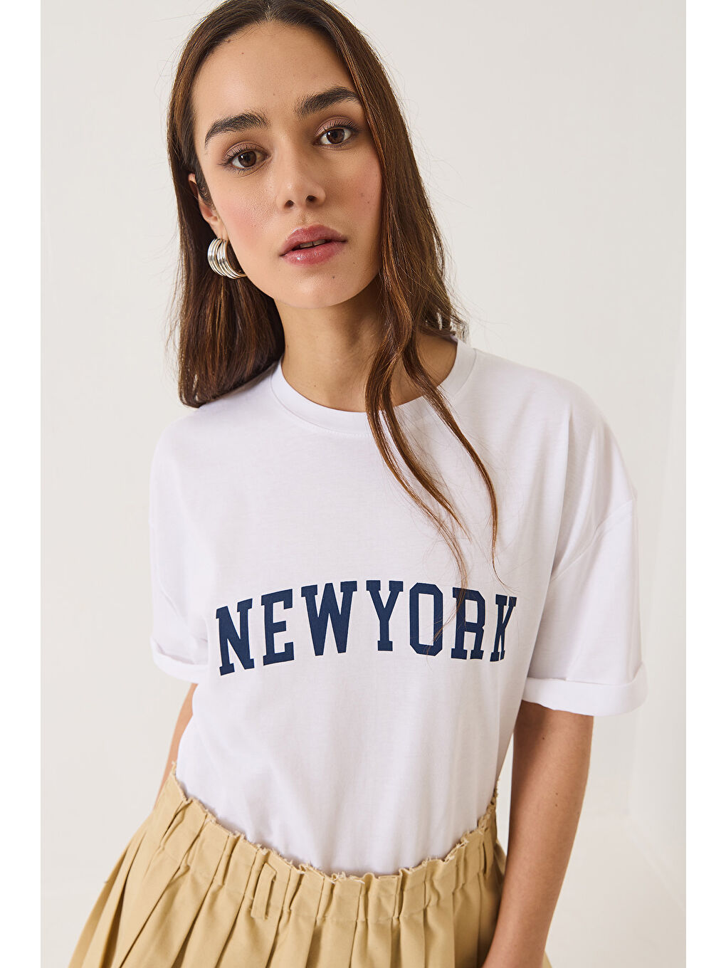 Beyaz Kadın New York Baskılı Bisiklet Yaka Oversize T-Shirt-2