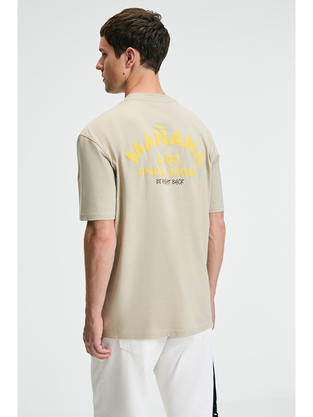 Bej Erkek %100 Pamuk Oversize Fit Baskılı Kısa Kollu Yuvarlak Yakalı Taş Tişört-4