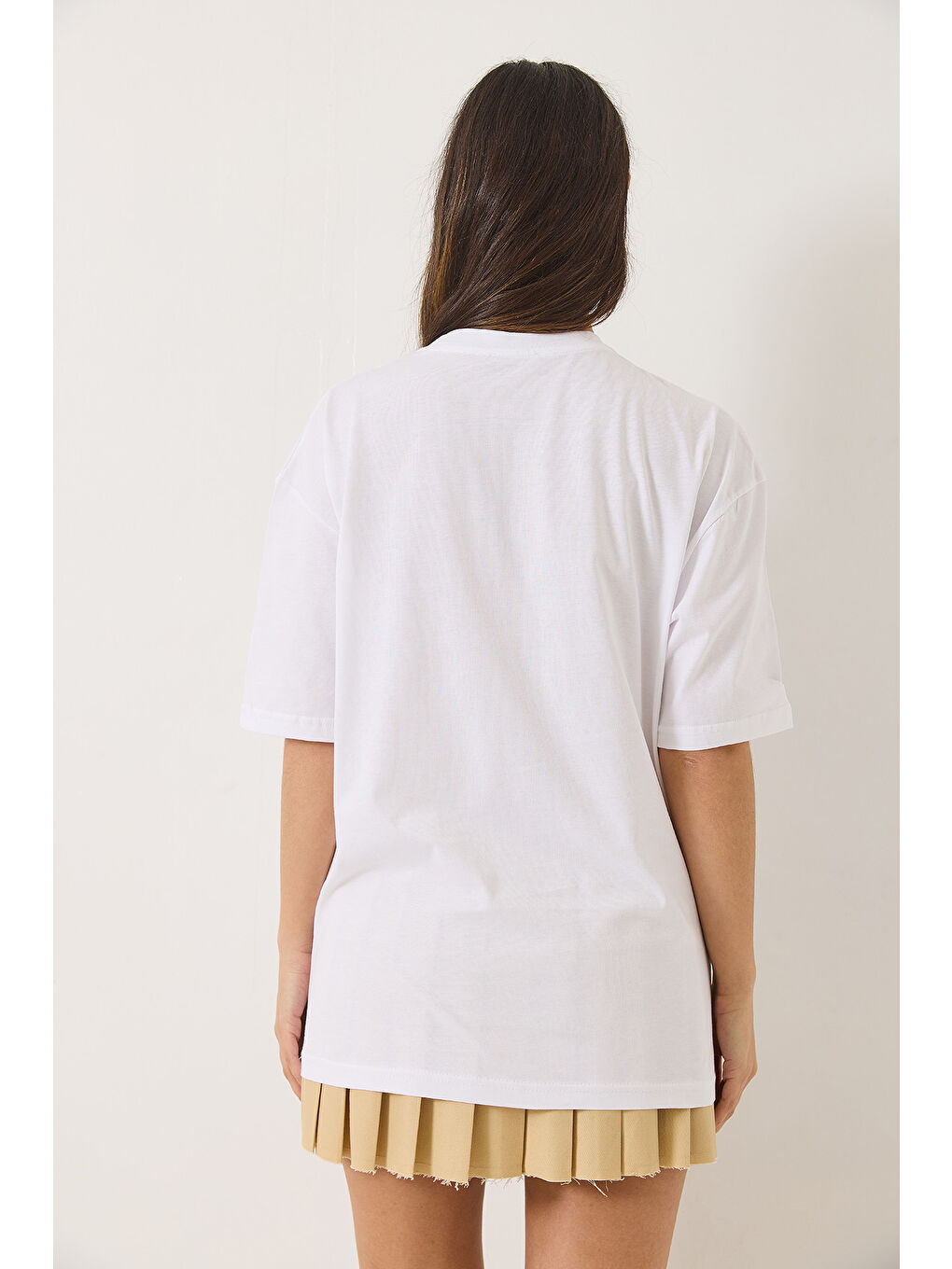 Beyaz Kadın New York Baskılı Bisiklet Yaka Oversize T-Shirt-4