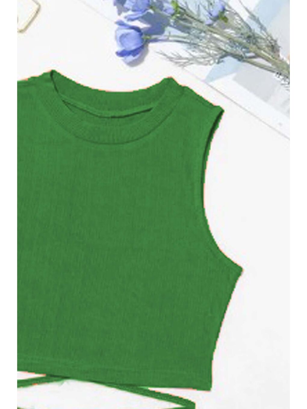 Kız Çocuk Sıfır Kol İp Bağlama Detaylı Yeşil Crop-1