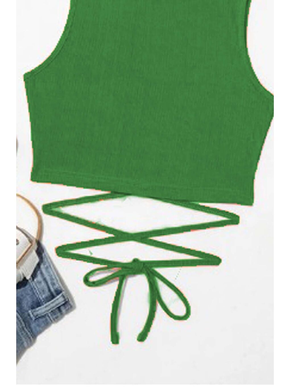 Kız Çocuk Sıfır Kol İp Bağlama Detaylı Yeşil Crop-2