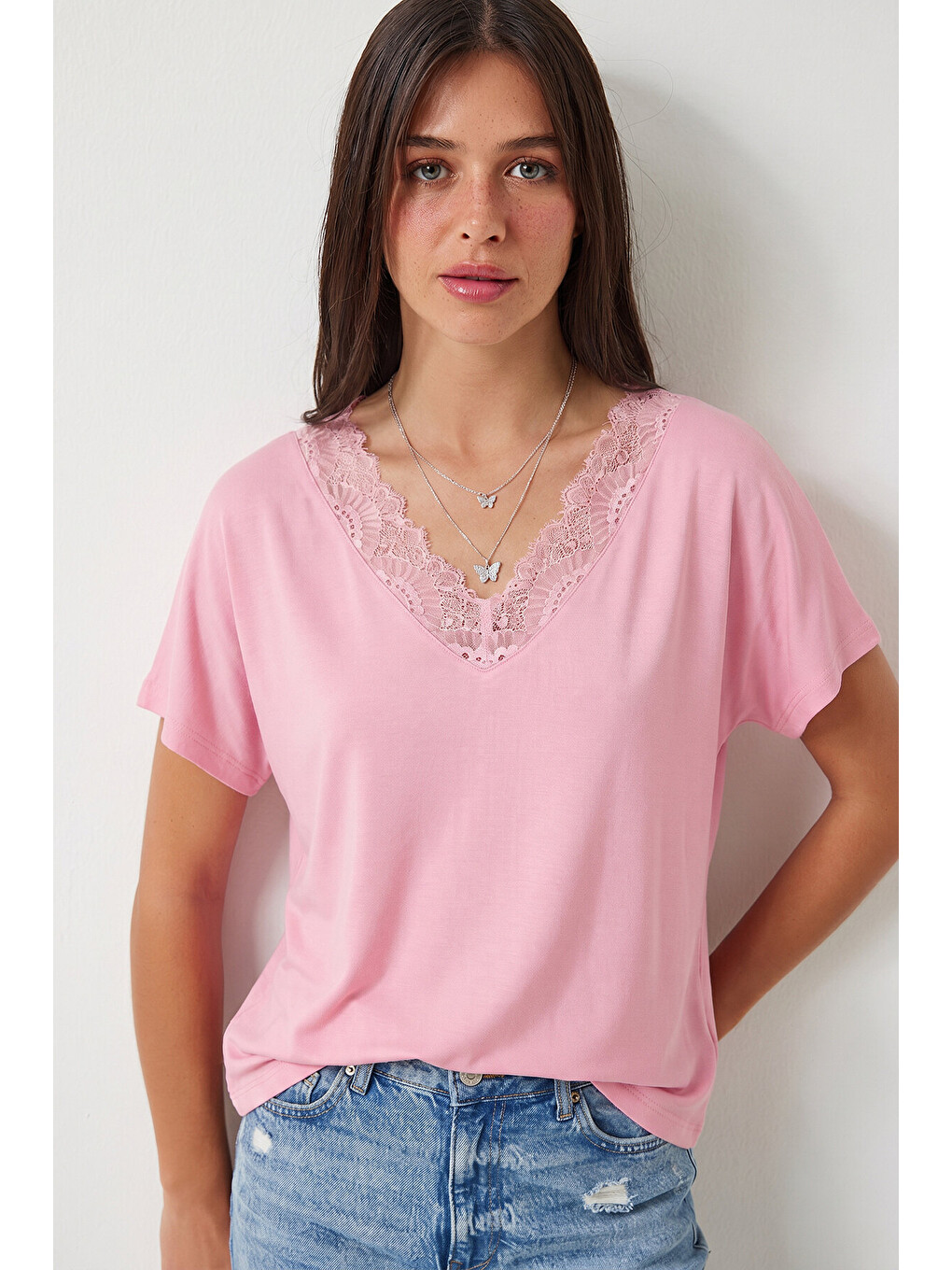 Pembe Dantel Detaylı Viskon Bluz PEMBE LRN0049