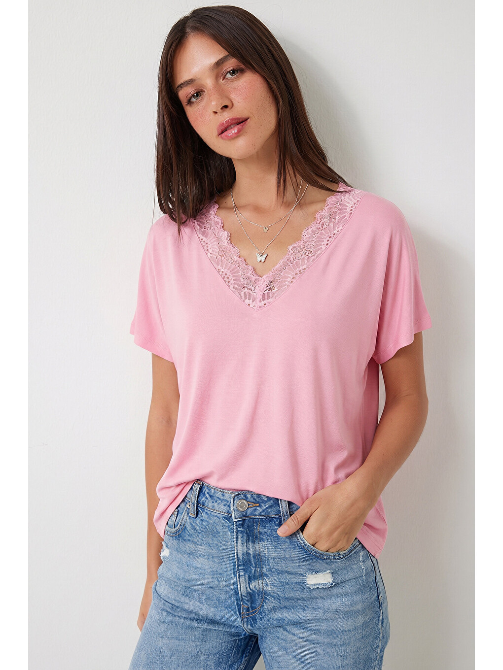 Pembe Dantel Detaylı Viskon Bluz PEMBE LRN0049-1