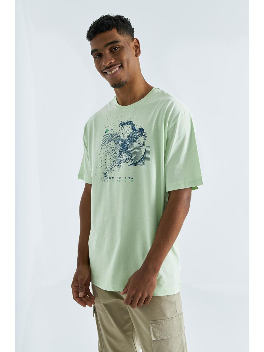 Açık Yeşil Baskı Detaylı O Yaka Erkek Oversize Tişört  - 88093-2