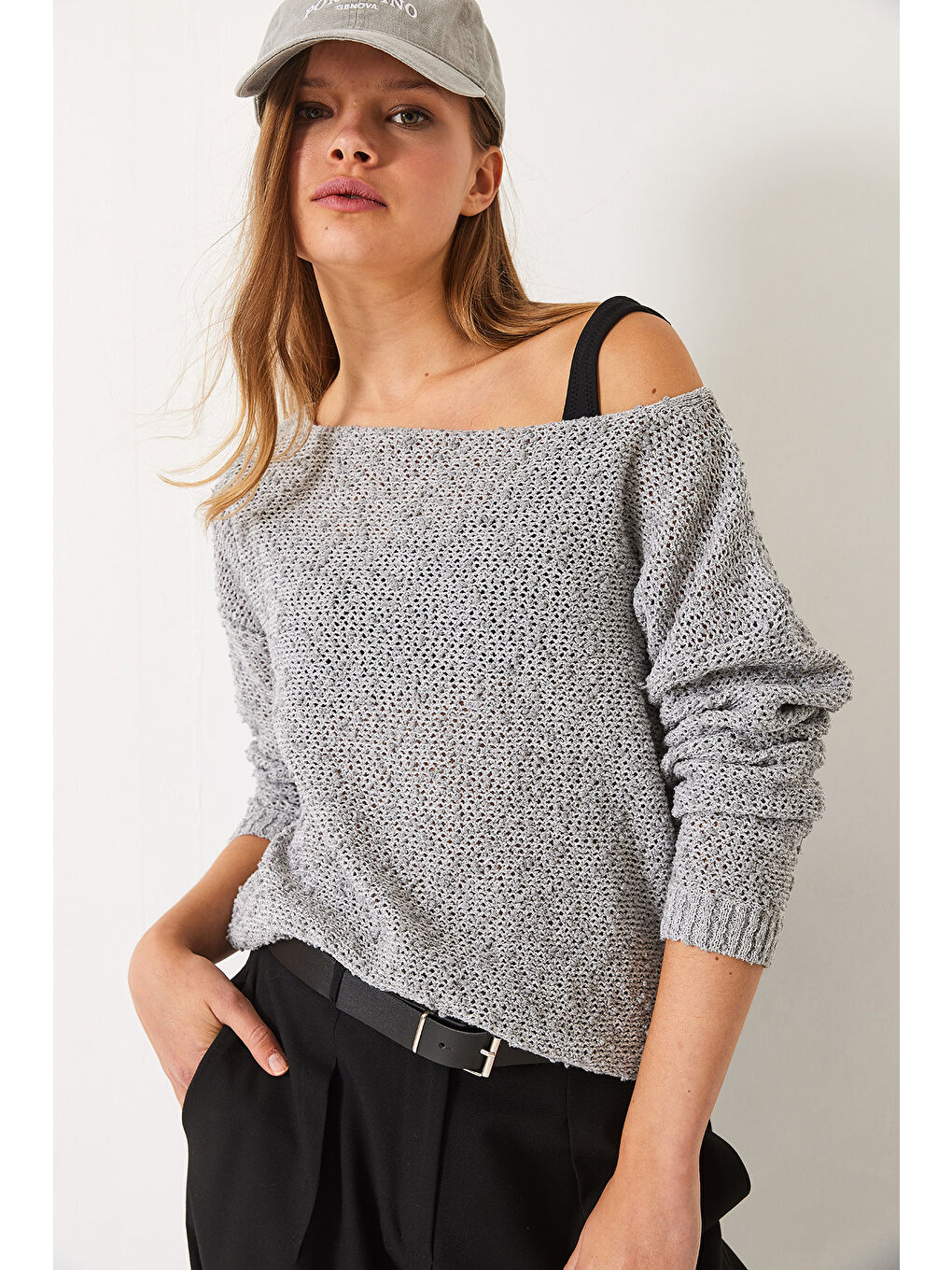Gri Kadın Kayık Yaka File Detay Ajurlu Triko Bluz-1