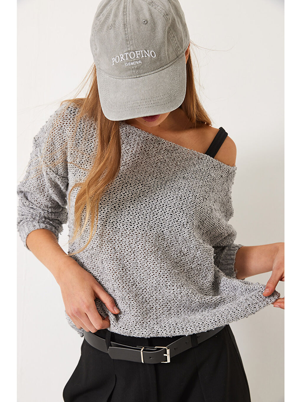Gri Kadın Kayık Yaka File Detay Ajurlu Triko Bluz-2