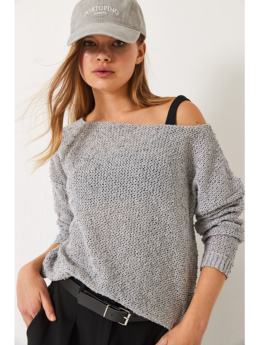 Gri Kadın Kayık Yaka File Detay Ajurlu Triko Bluz-3
