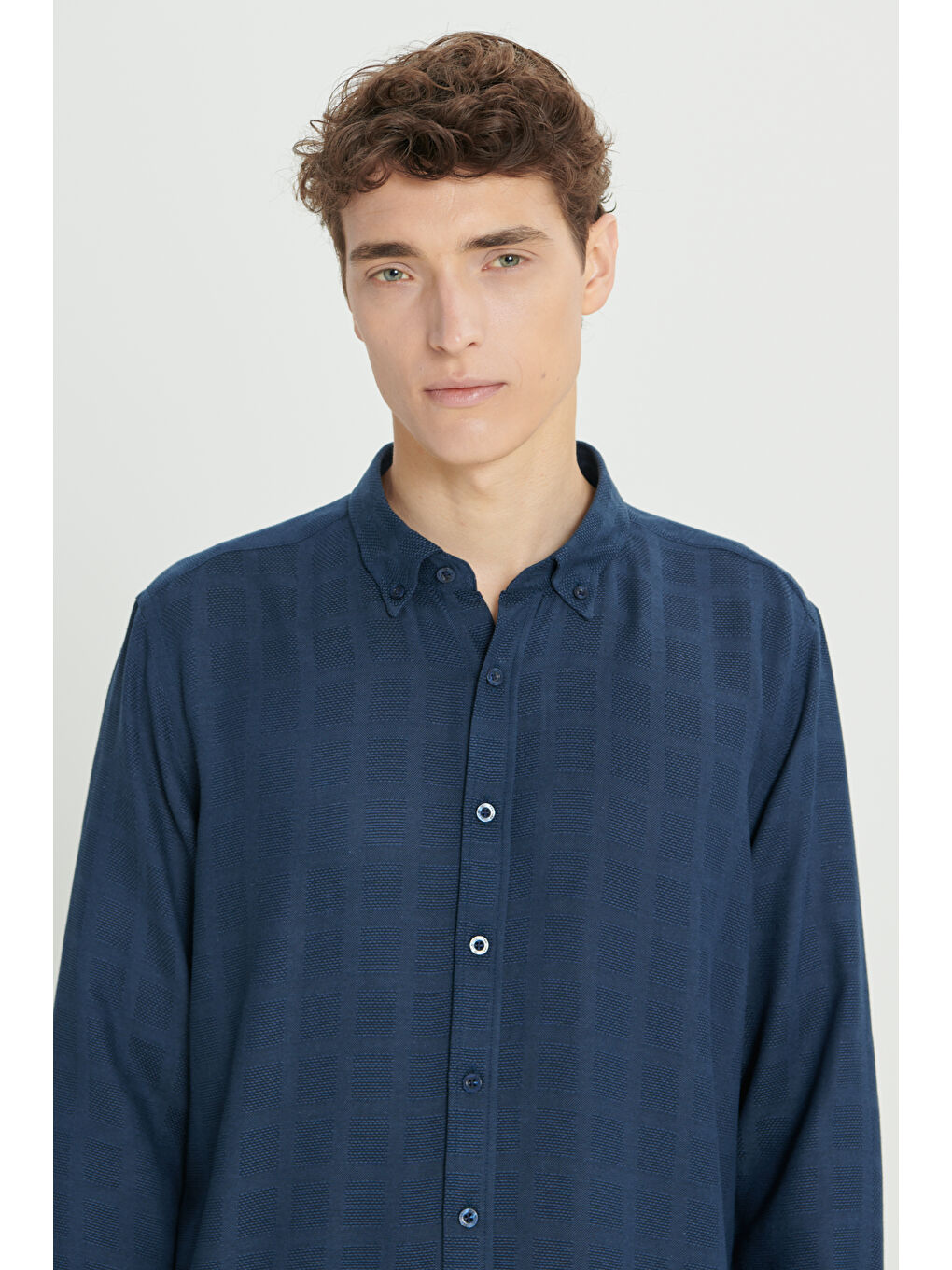 Erkek Lacivert Slim Fit Dar Kesim Klasik Yaka Kareli Pamuklu Gömlek-4