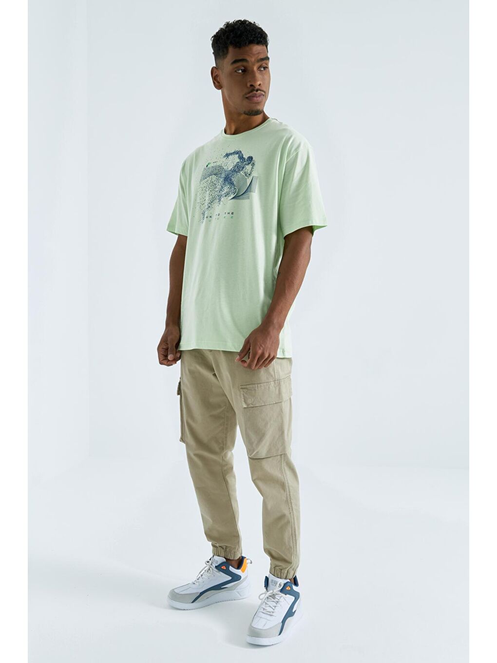 Açık Yeşil Baskı Detaylı O Yaka Erkek Oversize Tişört  - 88093-3