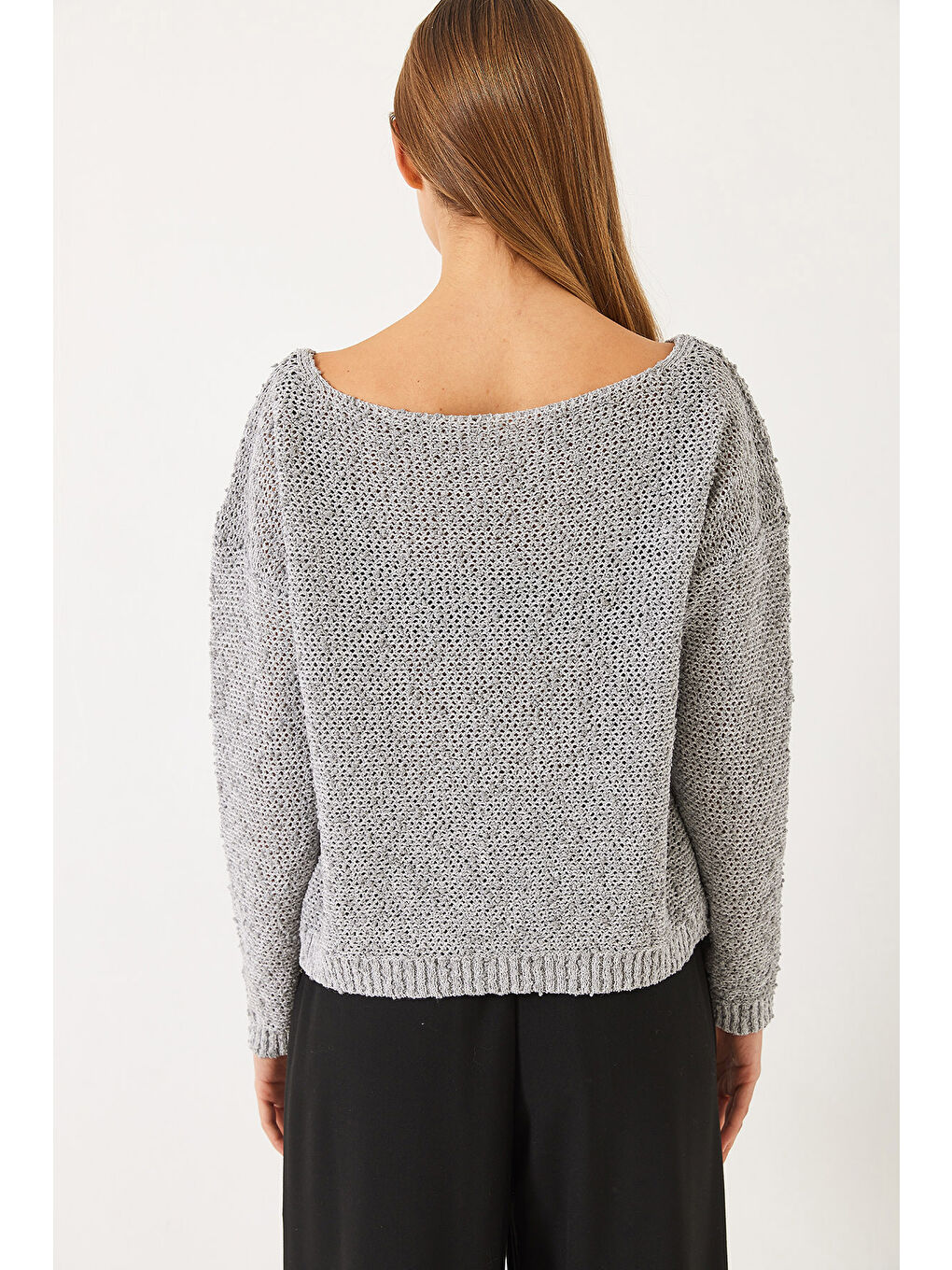 Gri Kadın Kayık Yaka File Detay Ajurlu Triko Bluz-7