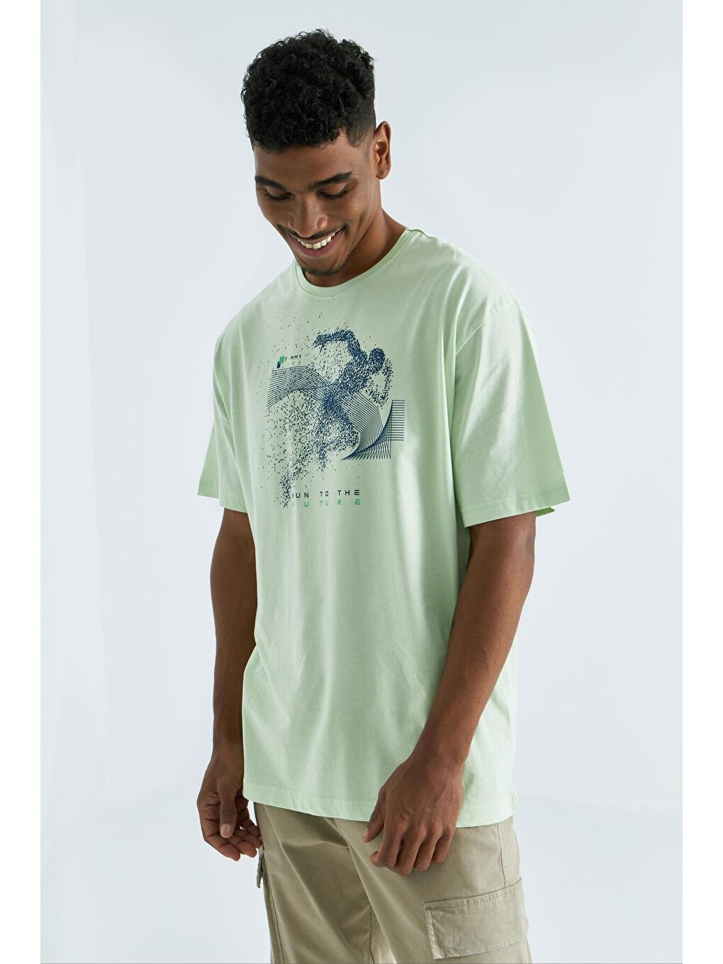 Açık Yeşil Baskı Detaylı O Yaka Erkek Oversize Tişört  - 88093-4