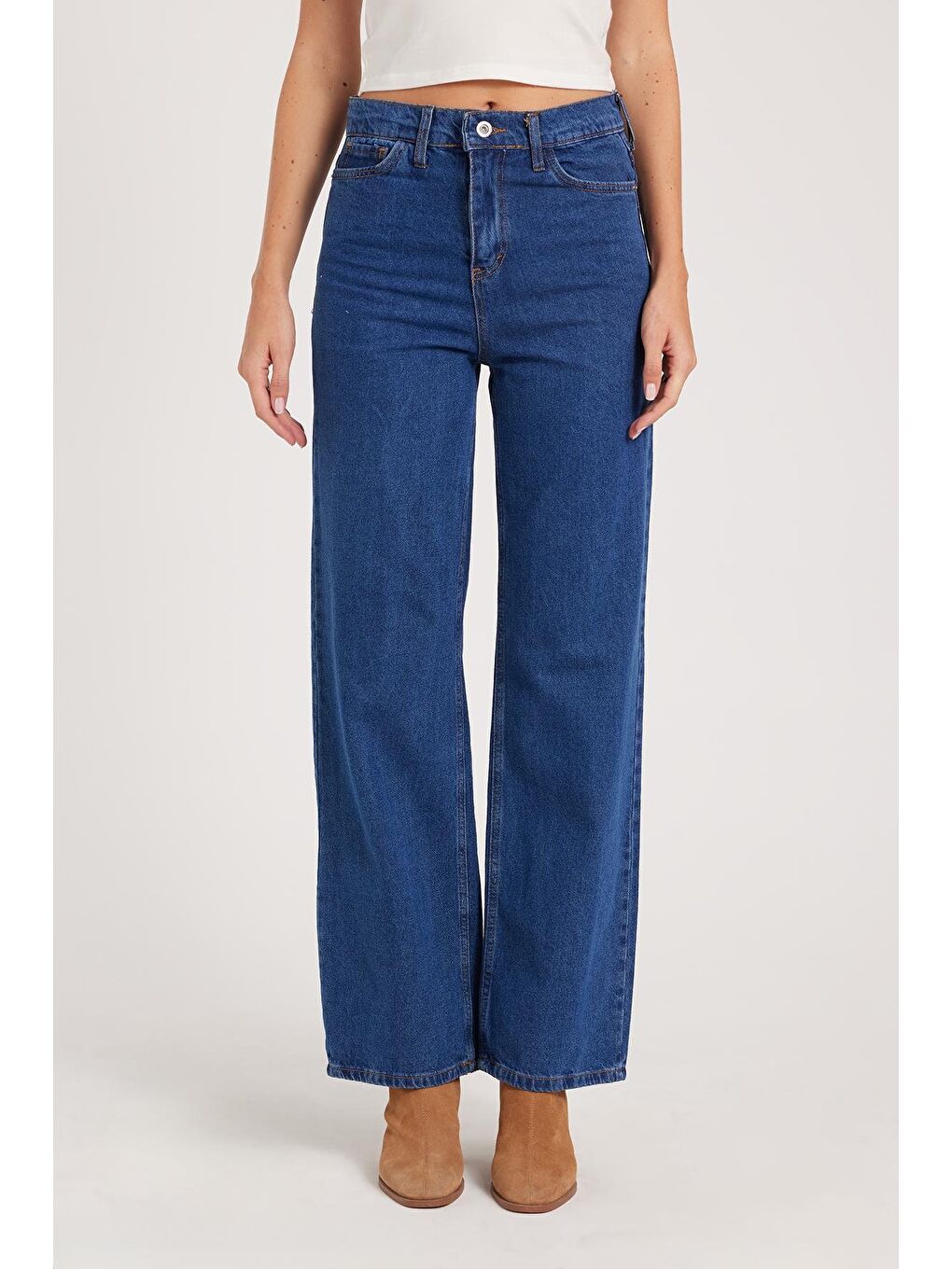 Kadın Regular Fit Klasik Kesim Pamuklu Bol Paça Koyu Mavi Jean Pantolon