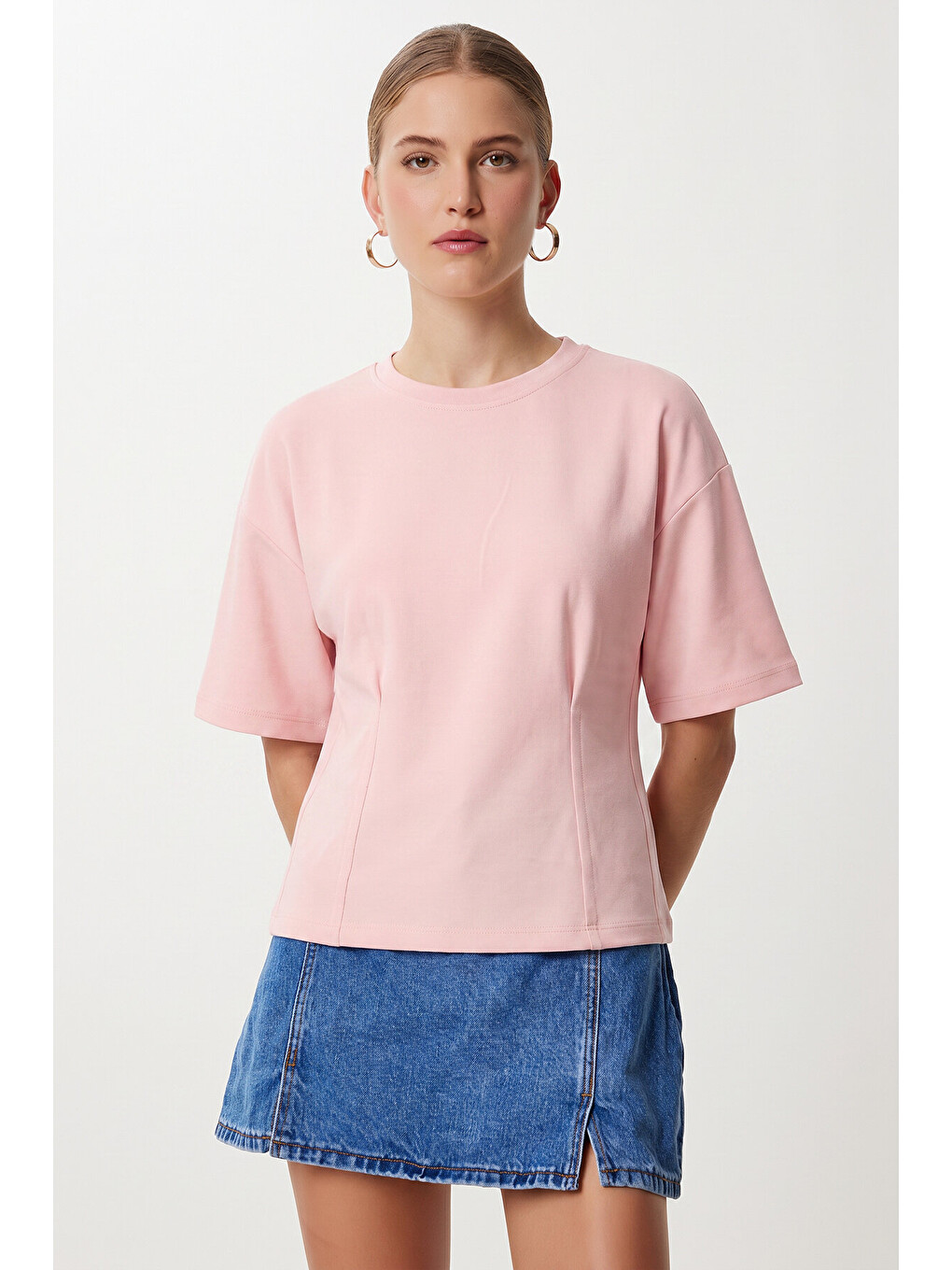 Pembe Bele Oturan Pamuklu Örme Bluz ŞEKER PEMBE LUB0356-1