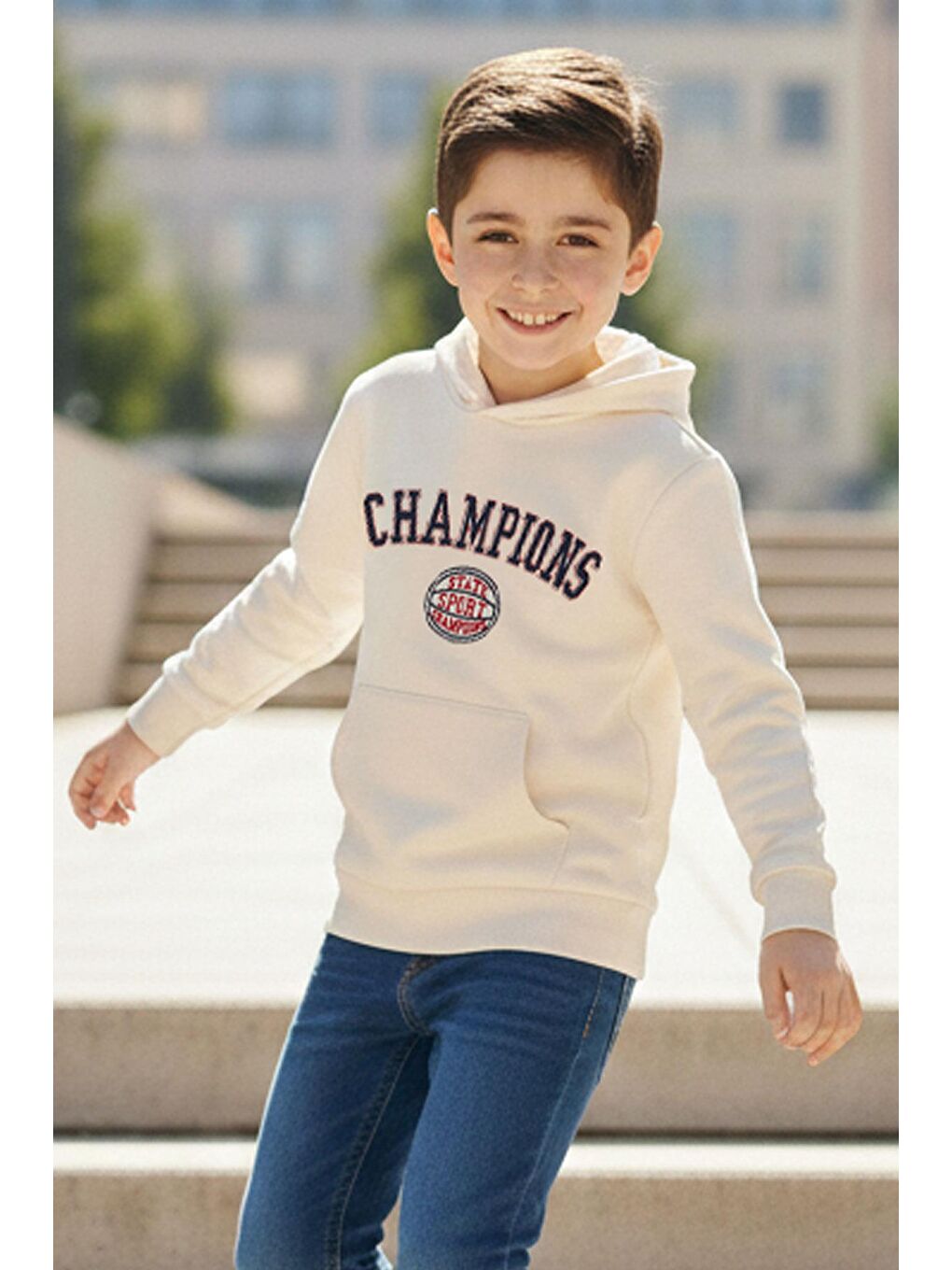 Bej Erkek Çocuk Sweatshirt Yazı Baskılı Kapüşonlu Taş (4-8 Yaş)