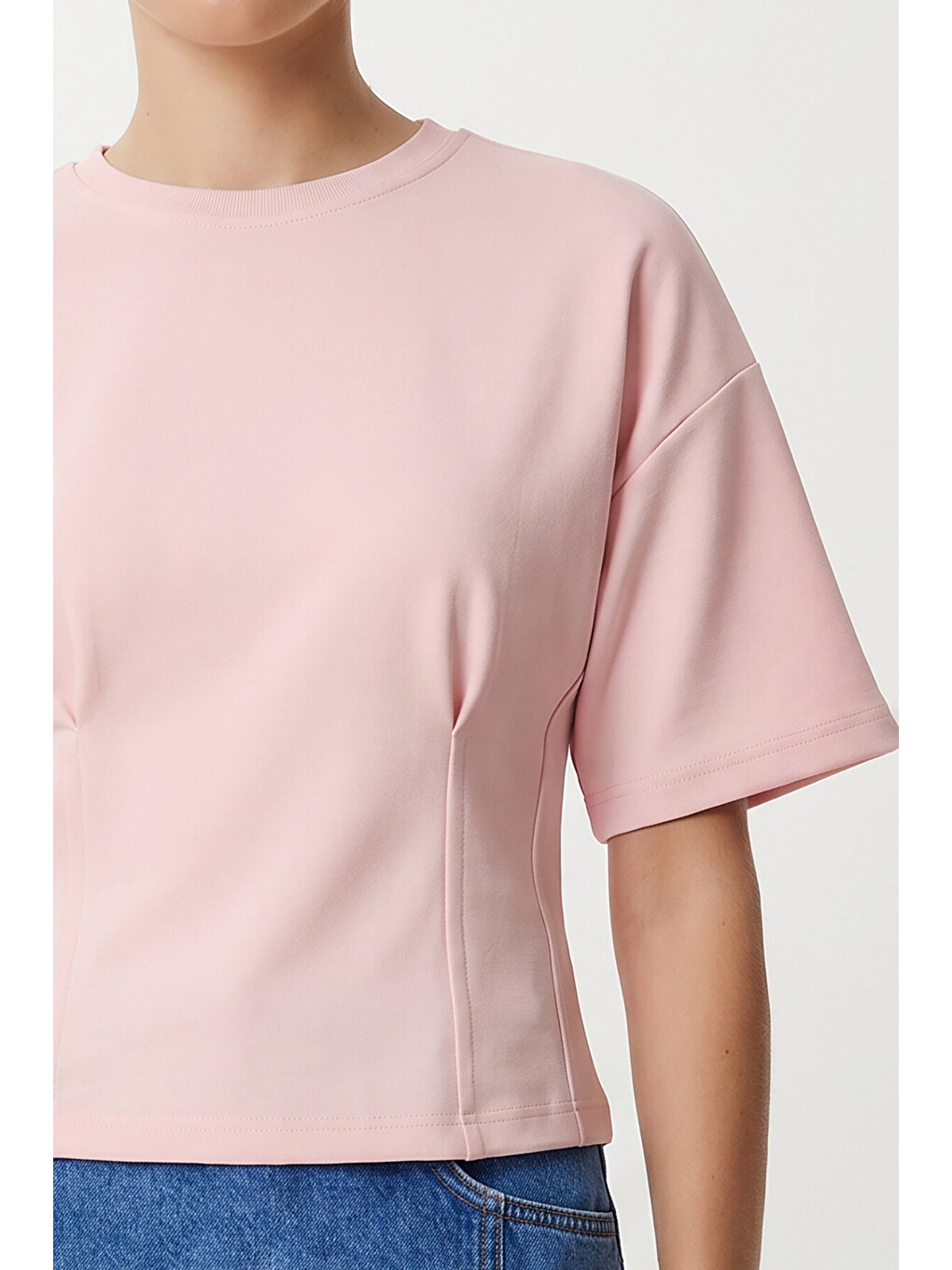 Pembe Bele Oturan Pamuklu Örme Bluz ŞEKER PEMBE LUB0356-2