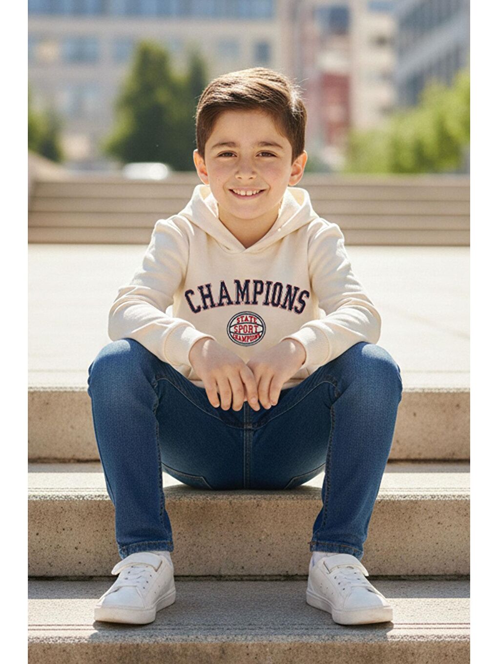 Bej Erkek Çocuk Sweatshirt Yazı Baskılı Kapüşonlu Taş (4-8 Yaş)-1