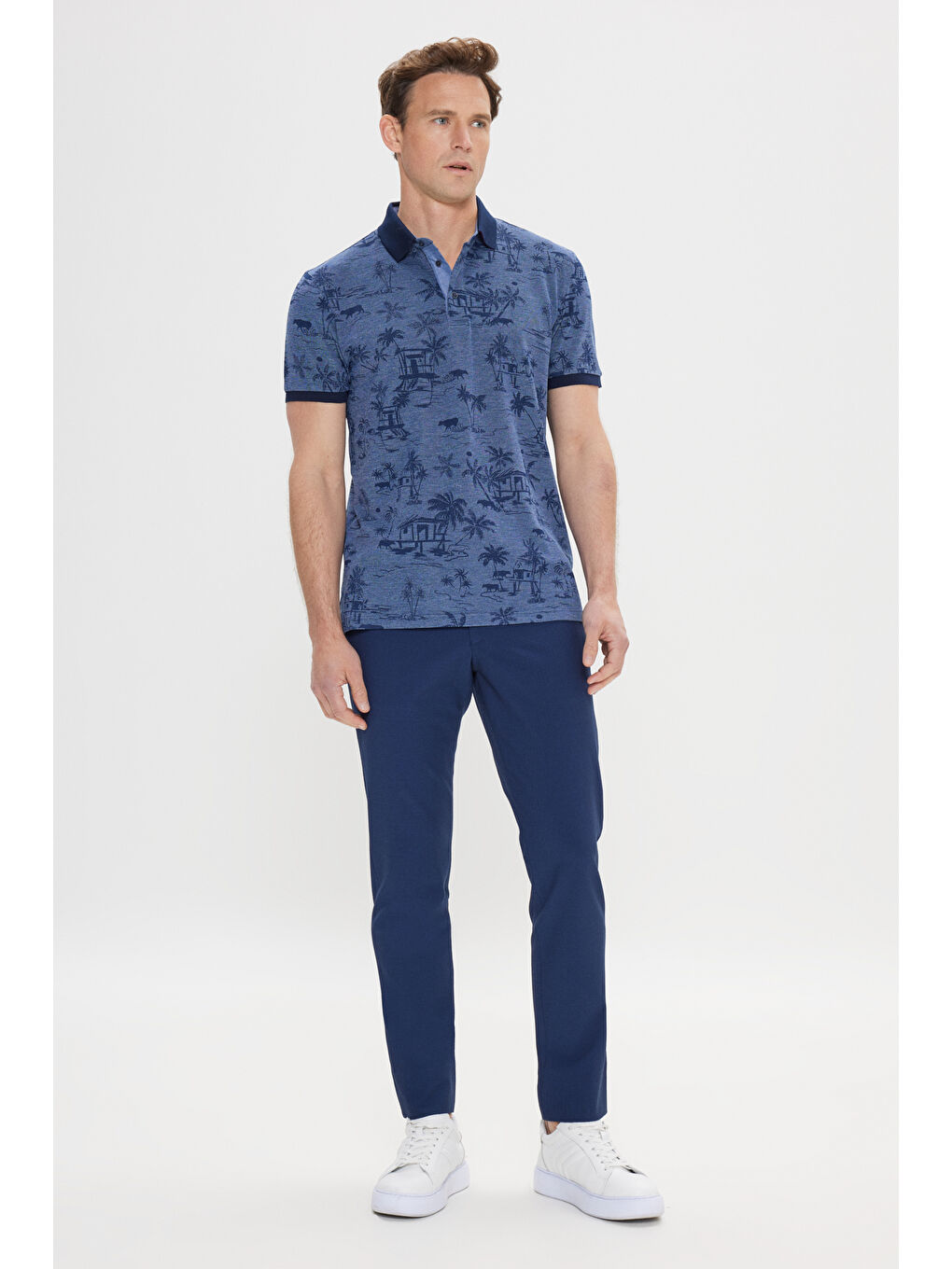 Erkek İndigo Slim Fit Dar Kesim %100 Pamuk Desenli Polo Yaka Tişört-1