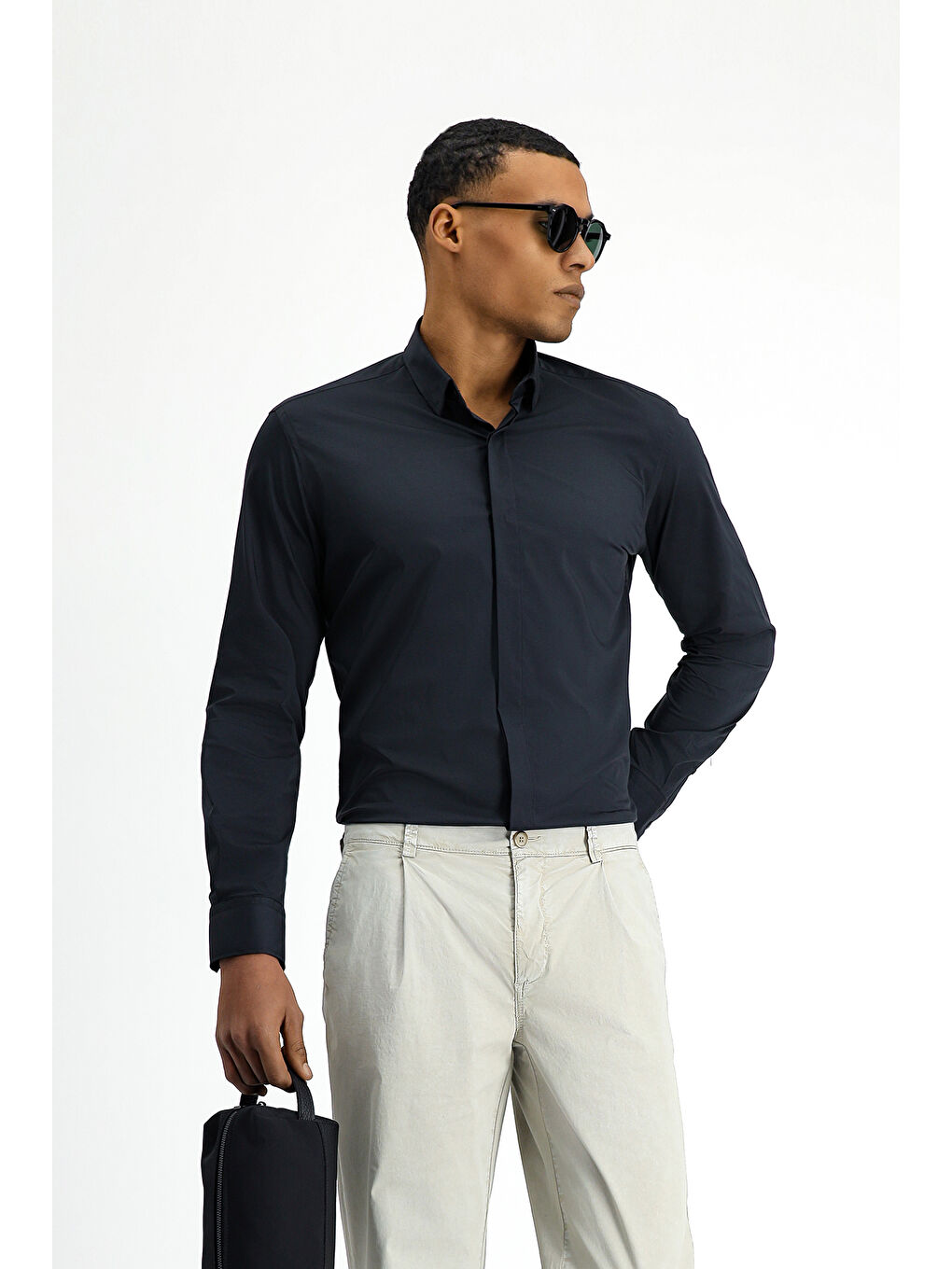 Siyah Techno-Line Uzun Kol Slim Fit Dar Kesim Klasik Pamuklu Gömlek