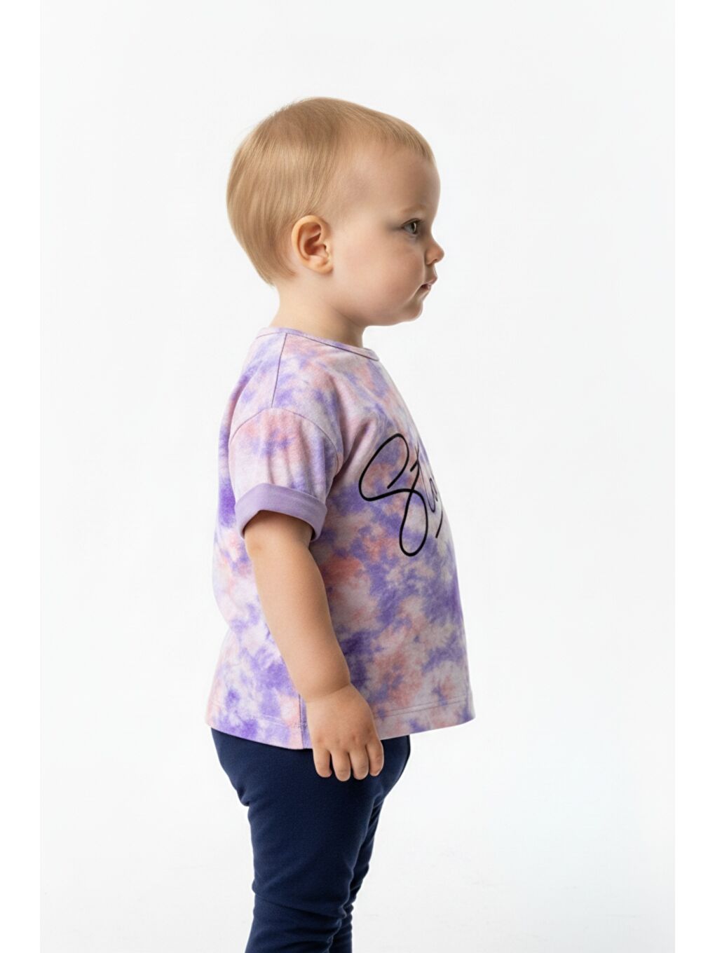 Lila Kız Çocuk Bisiklet Yaka Kol Ucu Katlamalı Kısa Kollu Batik Desenli Baskılı Tişört 11248-1