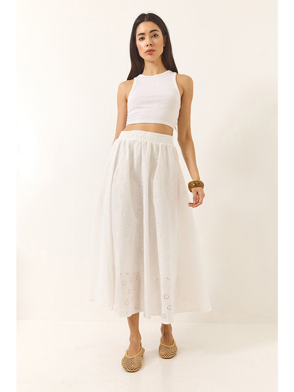 Beyaz Kadın Beli Lastikli Astarlı Pamuklu Fisto Etek-1