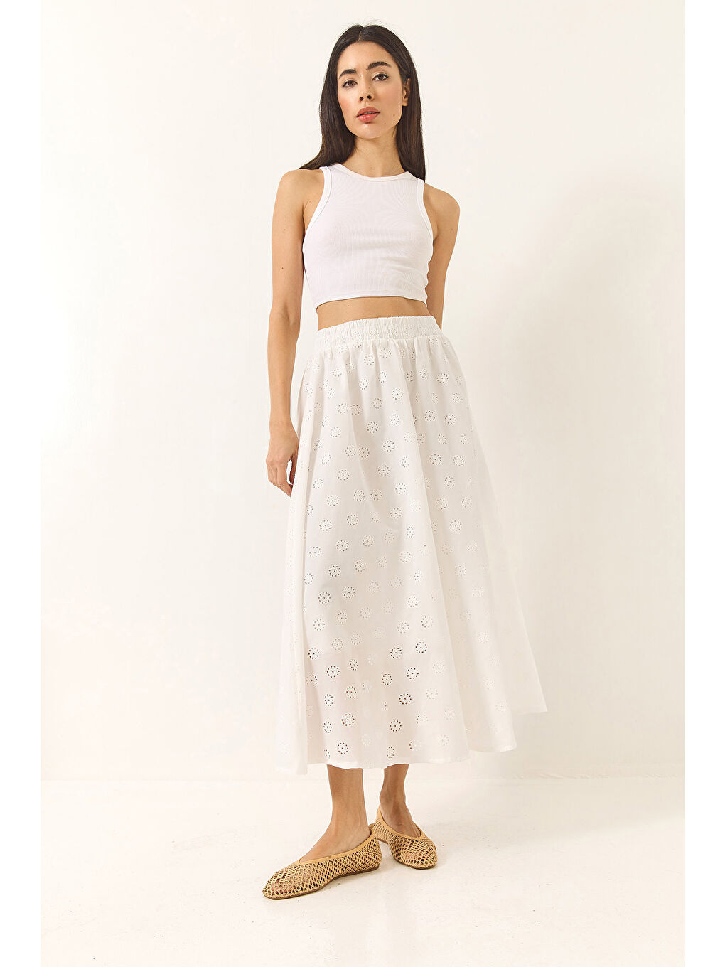 Beyaz Kadın Beli Lastikli Astarlı Pamuklu Fisto Etek-2