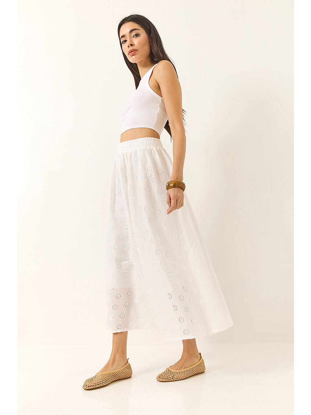 Beyaz Kadın Beli Lastikli Astarlı Pamuklu Fisto Etek-3