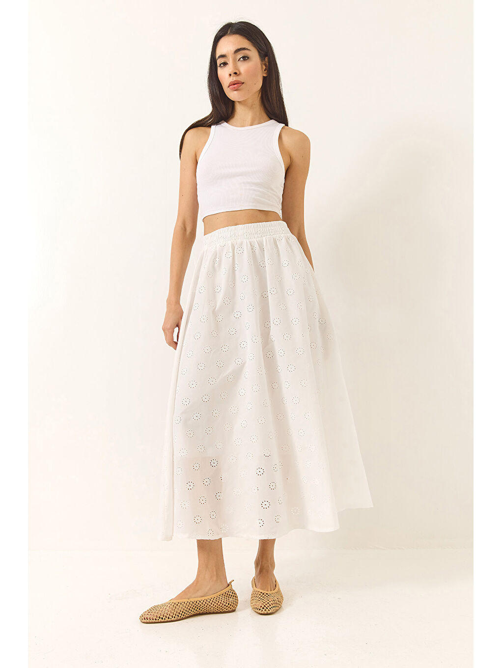 Beyaz Kadın Beli Lastikli Astarlı Pamuklu Fisto Etek-4