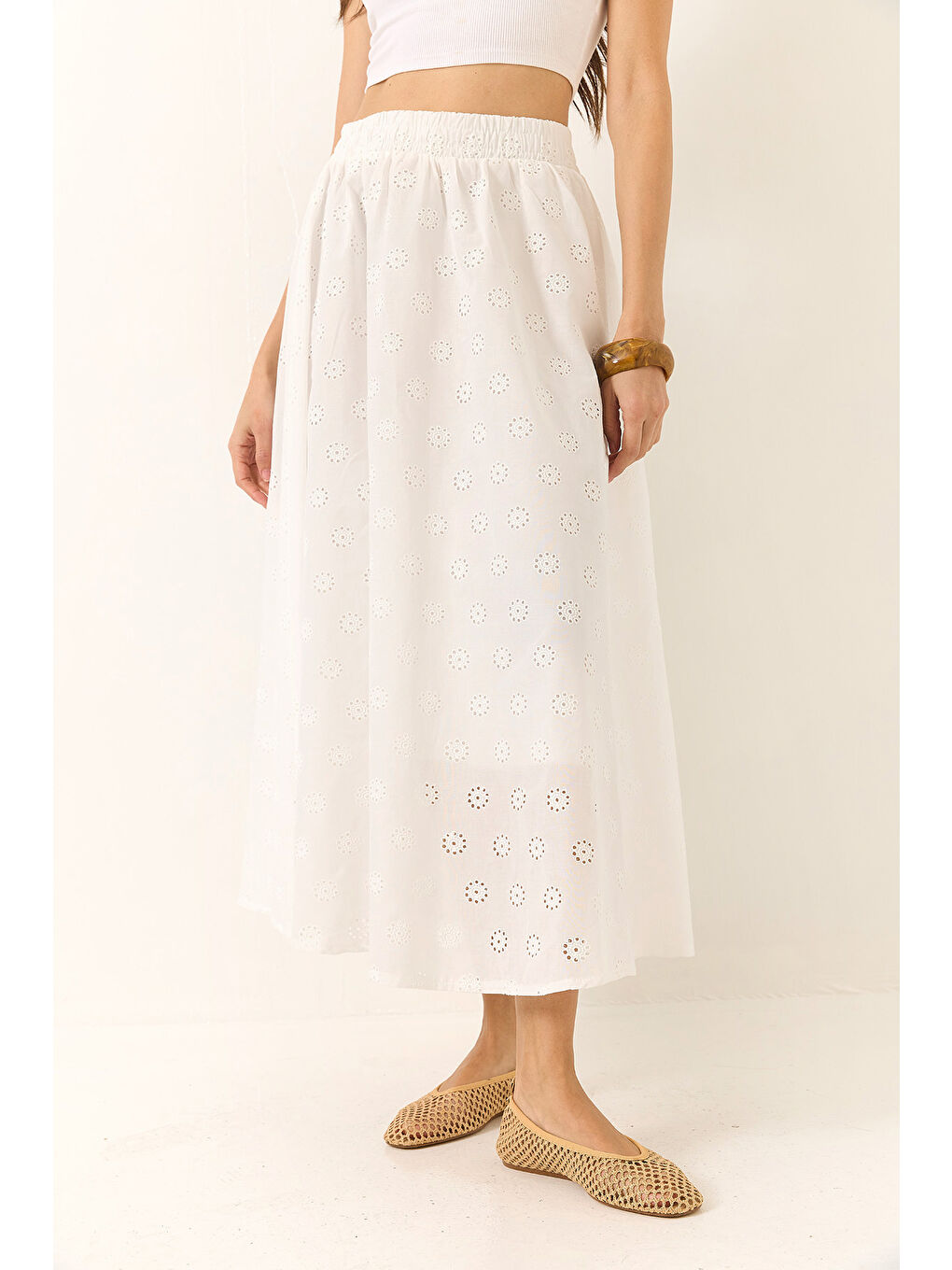 Beyaz Kadın Beli Lastikli Astarlı Pamuklu Fisto Etek-5