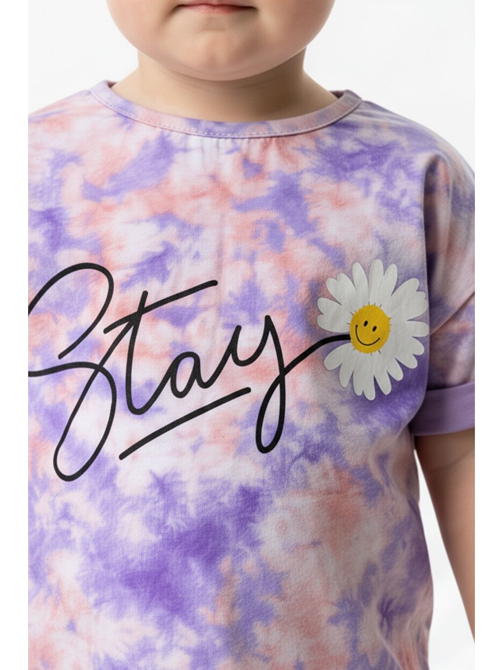 Lila Kız Çocuk Bisiklet Yaka Kol Ucu Katlamalı Kısa Kollu Batik Desenli Baskılı Tişört 11248-3