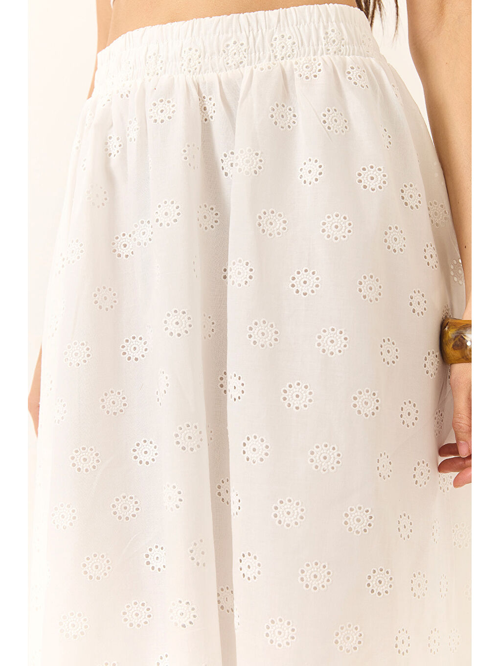 Beyaz Kadın Beli Lastikli Astarlı Pamuklu Fisto Etek-6