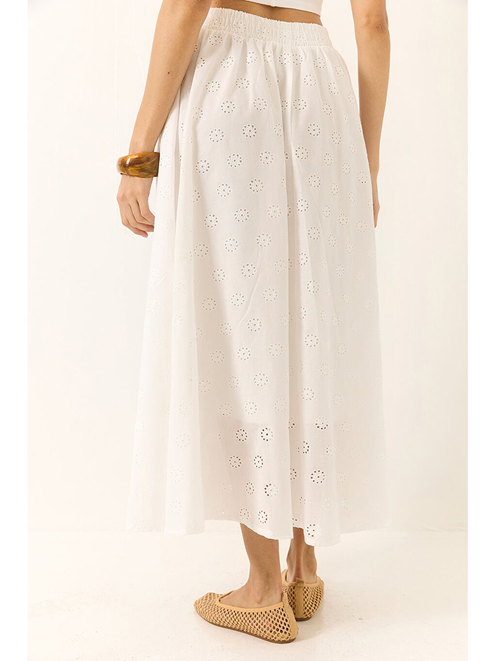 Beyaz Kadın Beli Lastikli Astarlı Pamuklu Fisto Etek-7