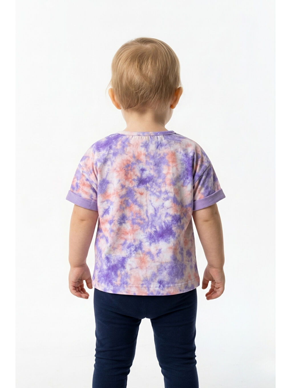Lila Kız Çocuk Bisiklet Yaka Kol Ucu Katlamalı Kısa Kollu Batik Desenli Baskılı Tişört 11248-4