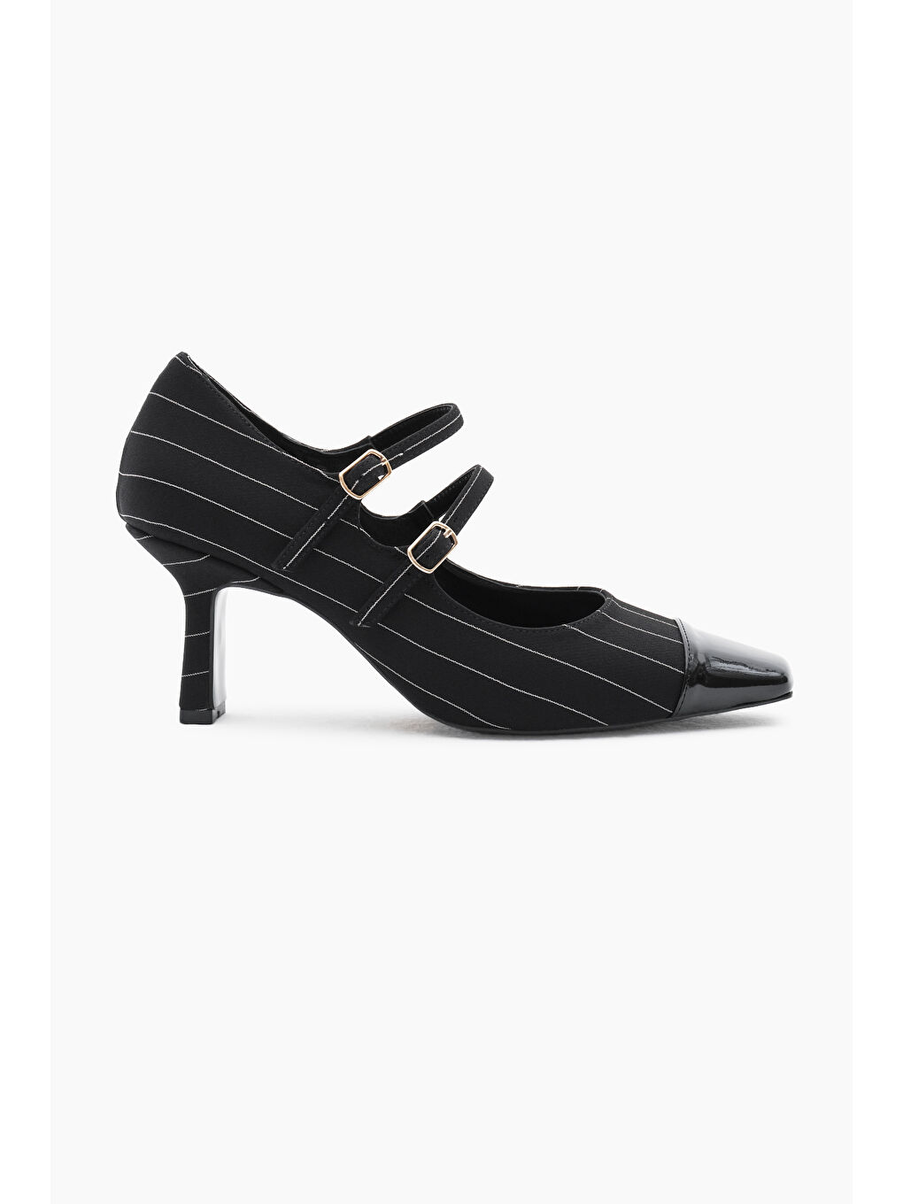 Kadın Siyah Neolit Taban Çift Tokalı Çizgili Desen Sivri Burunlu Topuklu Ayakkabı