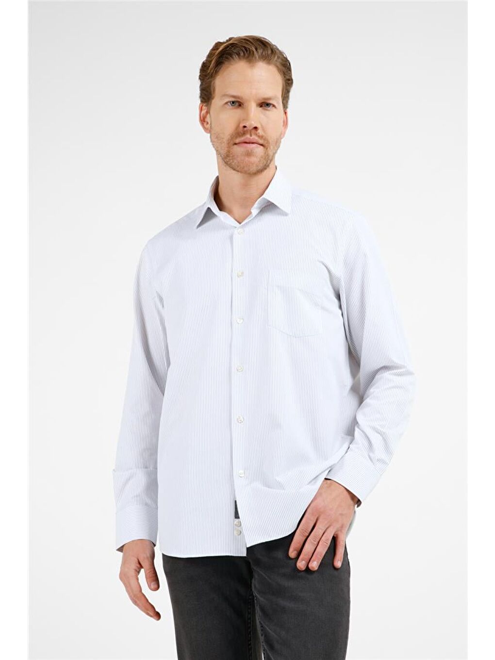 Beyaz - Siyah Çizgili Desen Sert Yaka Uzun Kol Cepli Comfort Fit Pamuklu Gömlek 1004255278