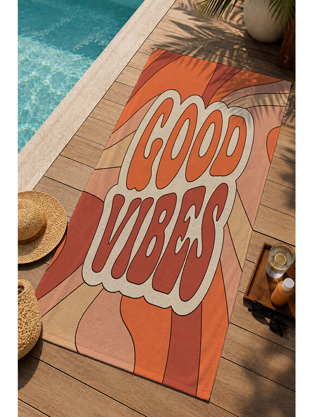 Turuncu Retro Good Vibes Yazılı Dalgalı Desenli 70x150 Cm Dijital Baskılı Plaj Ve Banyo Havlusu-2