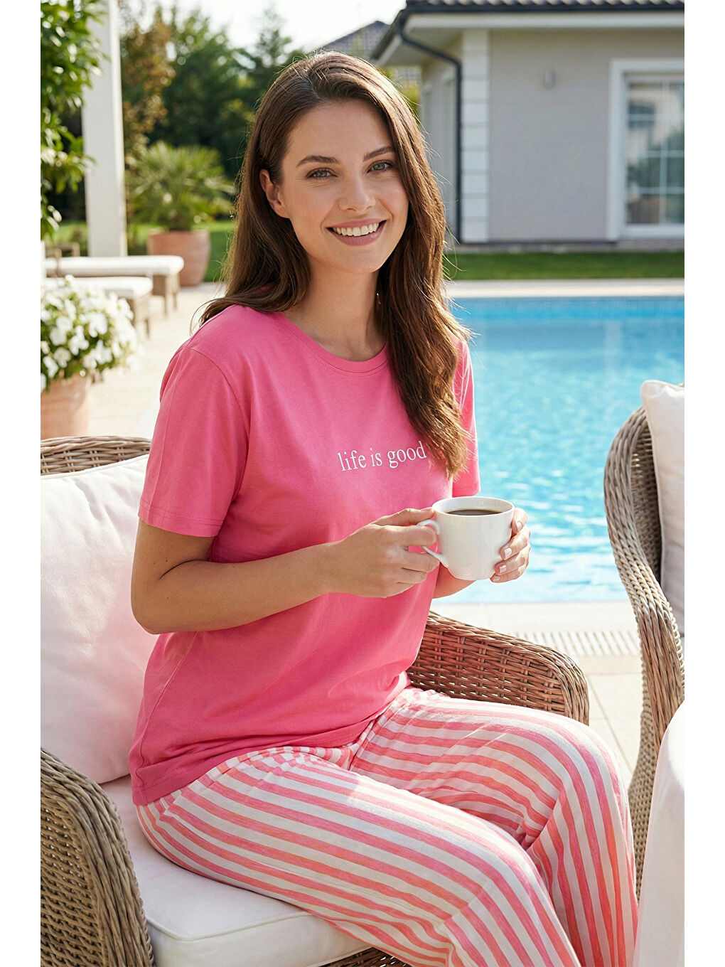 Kadın Kısa Kol Milan Kumaş Pijama Takımı 50107-3106 Fuşya01