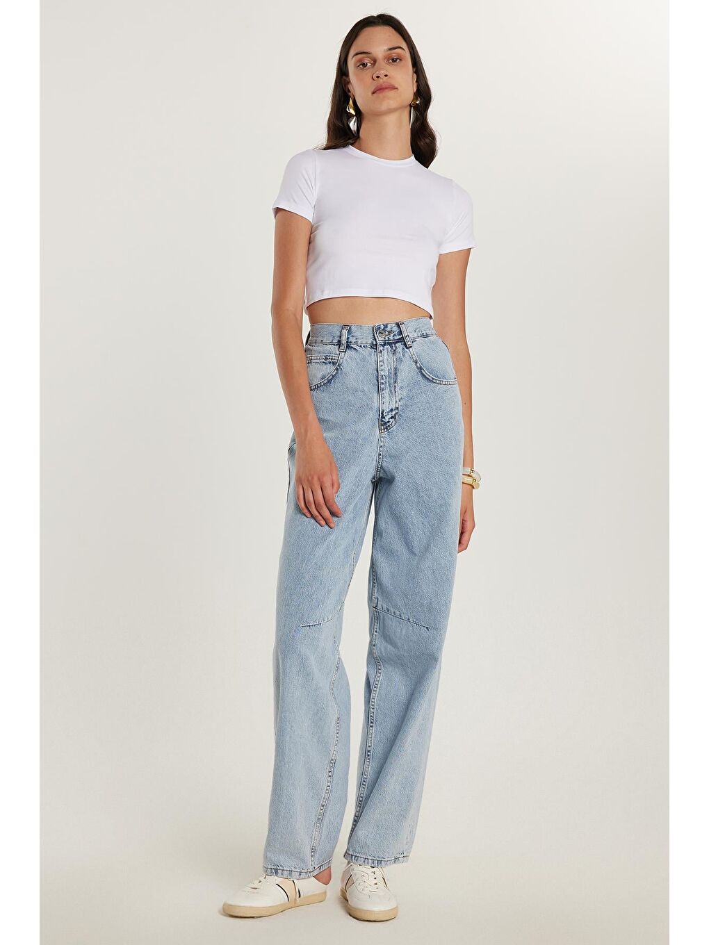 Kadın Regular Fit Tokalı Geniş Paça Baggy Mavi Jean Jean Pantolon-1