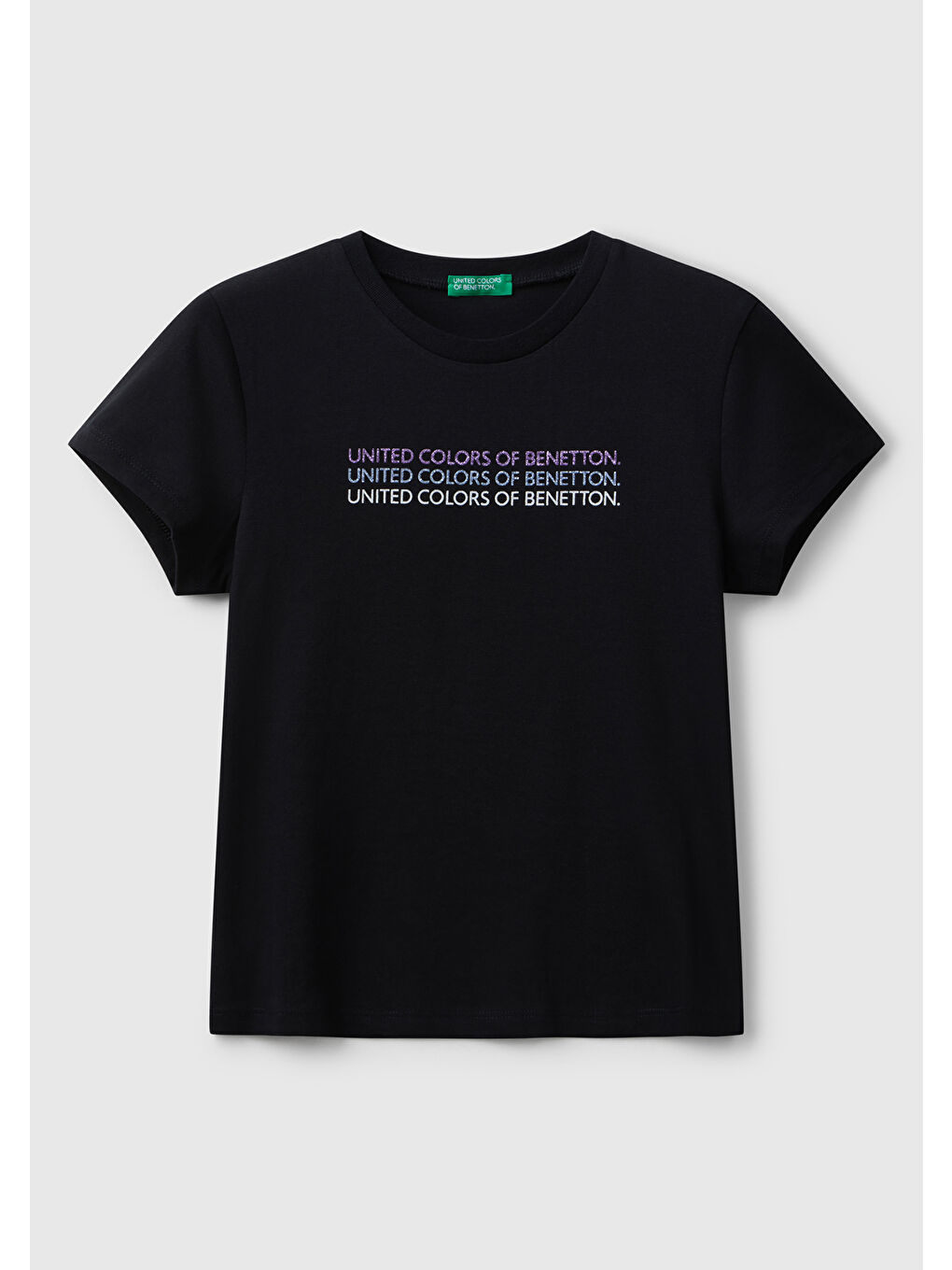 Kız Çocuk Siyah Parıltılı Logo Baskılı Ribana Yaka Regular Fit T-shirt