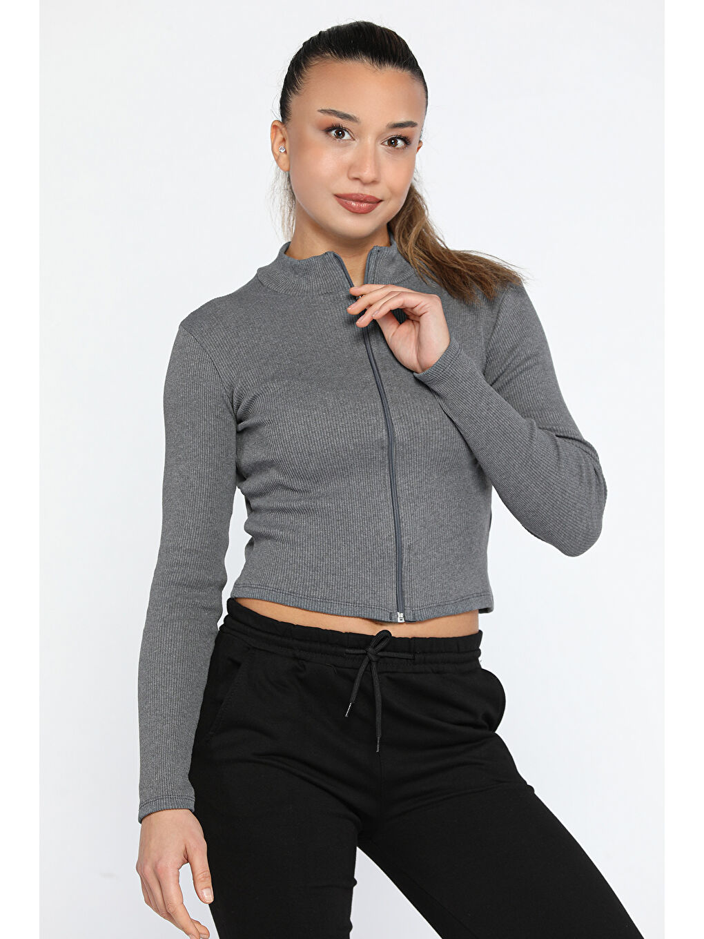 GÜLSELİ Gri Fermuarlı Kaşkorse Crop Top Hırka - 1