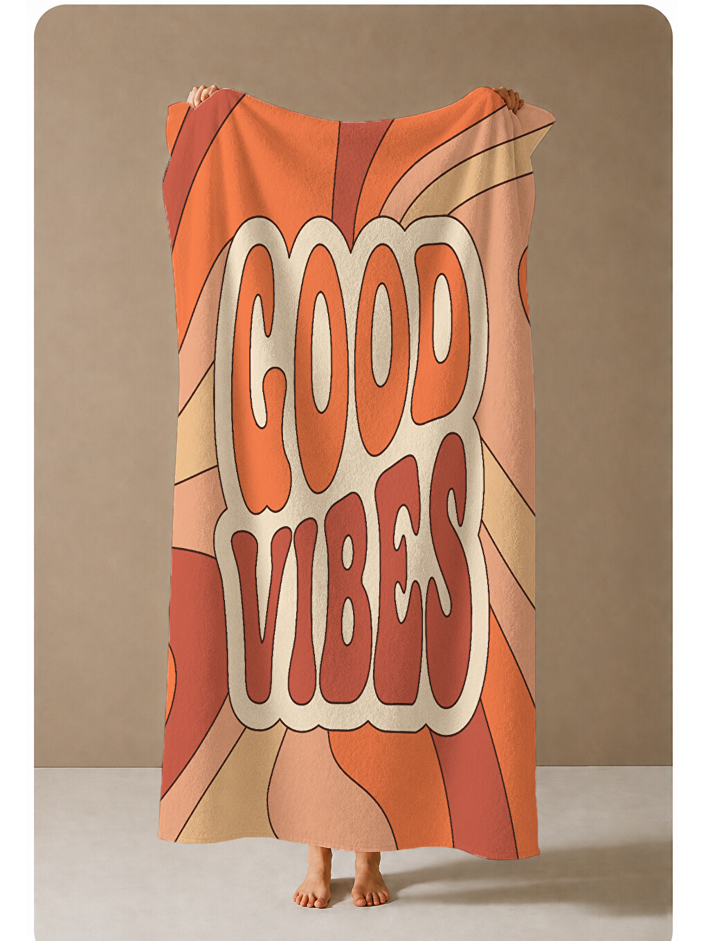 Turuncu Retro Good Vibes Yazılı Dalgalı Desenli 70x150 Cm Dijital Baskılı Plaj Ve Banyo Havlusu-3