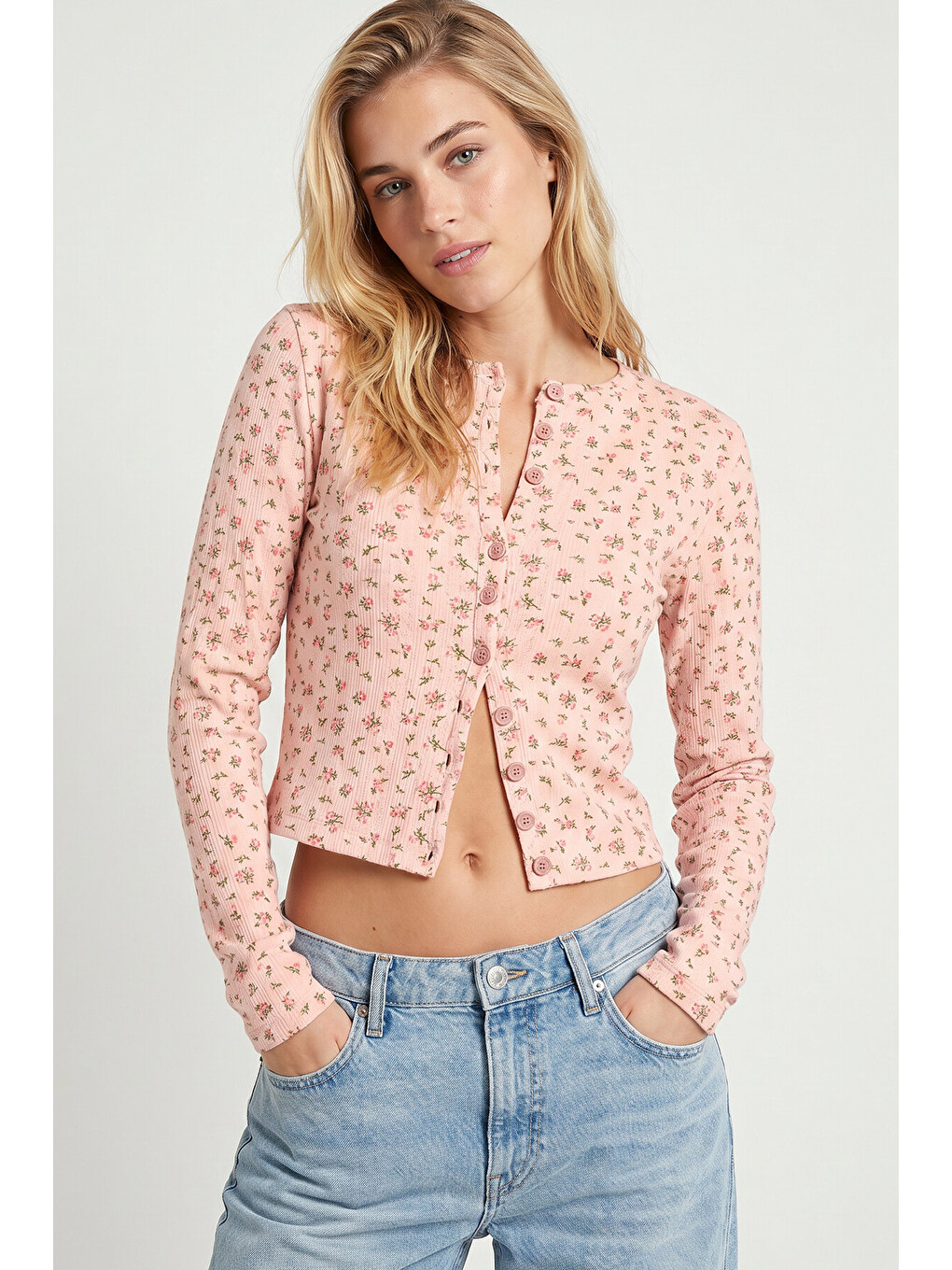 Pembe Çiçek Desenli Düğmeli Mevsimlik Bluz PEMBE LUB0358
