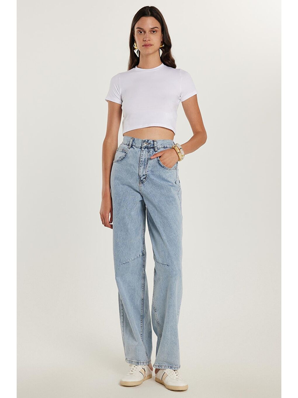 Kadın Regular Fit Tokalı Geniş Paça Baggy Mavi Jean Jean Pantolon-3