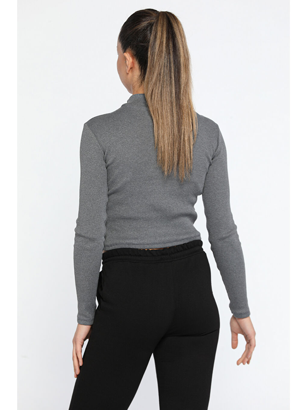 GÜLSELİ Gri Fermuarlı Kaşkorse Crop Top Hırka - 2