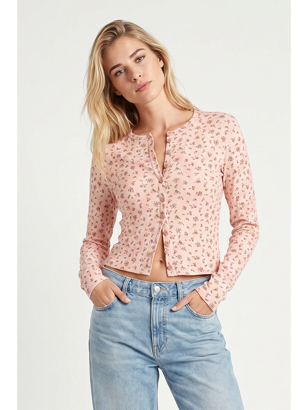 Pembe Çiçek Desenli Düğmeli Mevsimlik Bluz PEMBE LUB0358-3