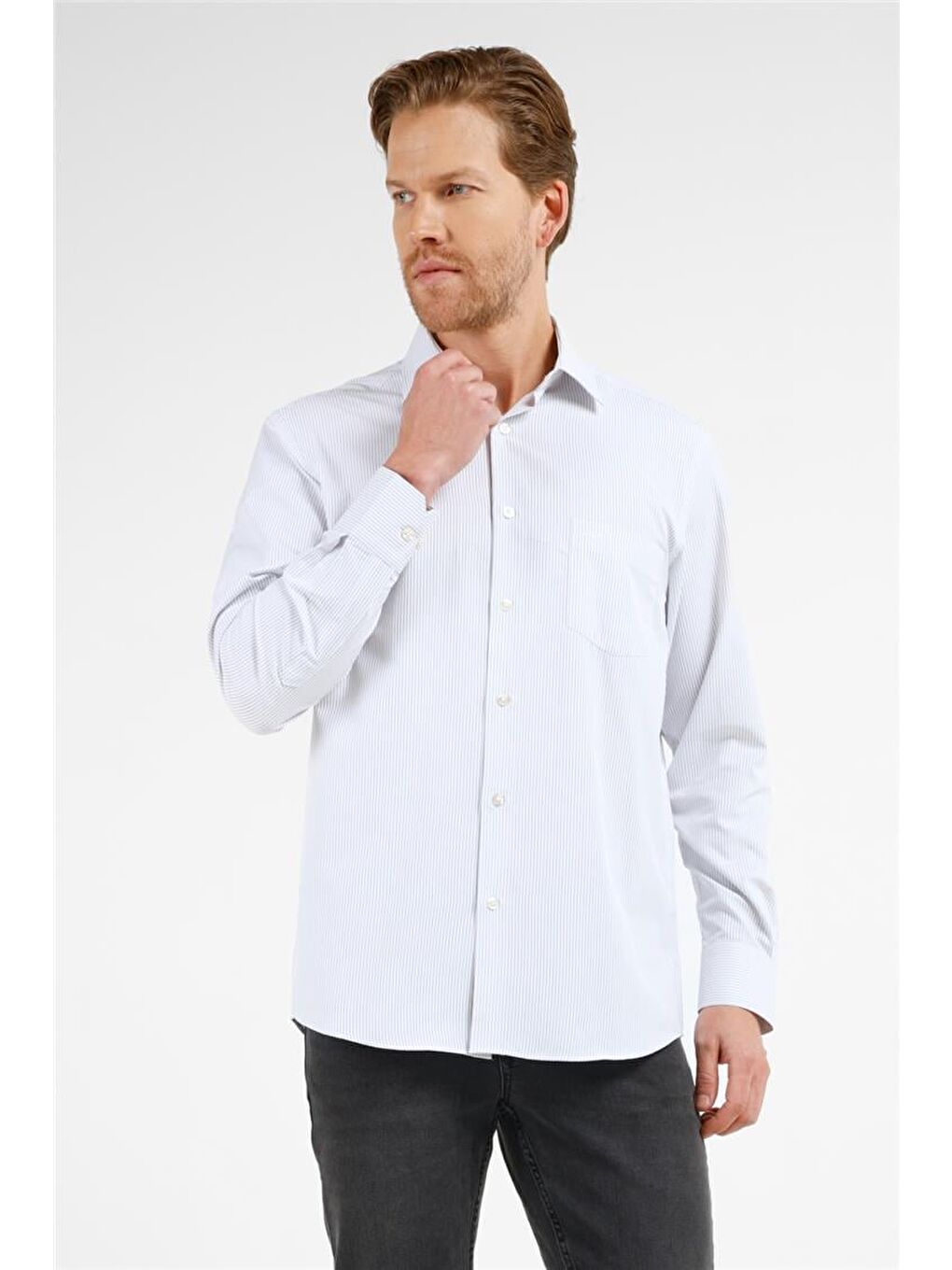 Beyaz - Siyah Çizgili Desen Sert Yaka Uzun Kol Cepli Comfort Fit Pamuklu Gömlek 1004255278-2