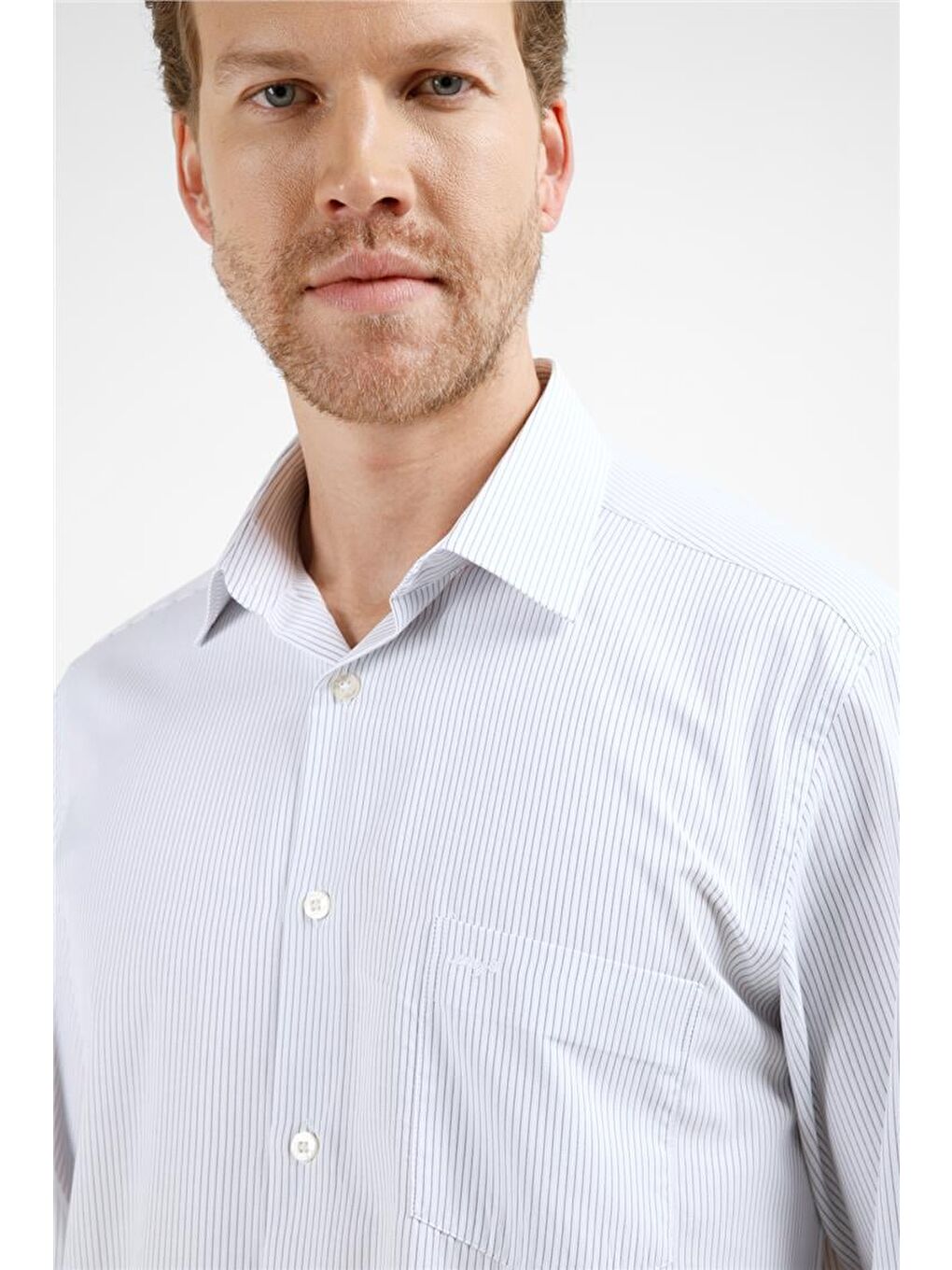 Beyaz - Siyah Çizgili Desen Sert Yaka Uzun Kol Cepli Comfort Fit Pamuklu Gömlek 1004255278-3